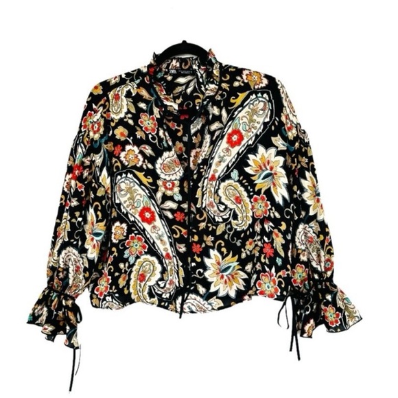 ZARA Floral Paisley Ruffle Boho Blouse Split V-Neck Tie Sleeve Top - Picture 3 of 15